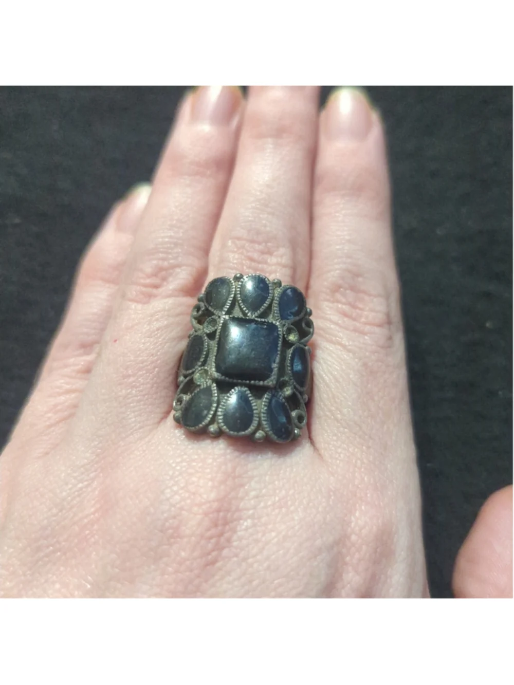 Vintage Pewter and Black Onyx Gemstone Chunky Statement Ring - size 9